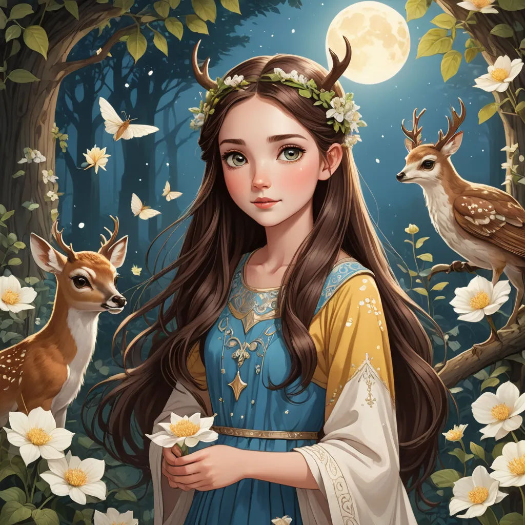a girl with long hair and a deer in a forest with flowers and butterflies around her is looking at the camera, fantasy art, a storybook illustration, Anne Stokes, trending on art station