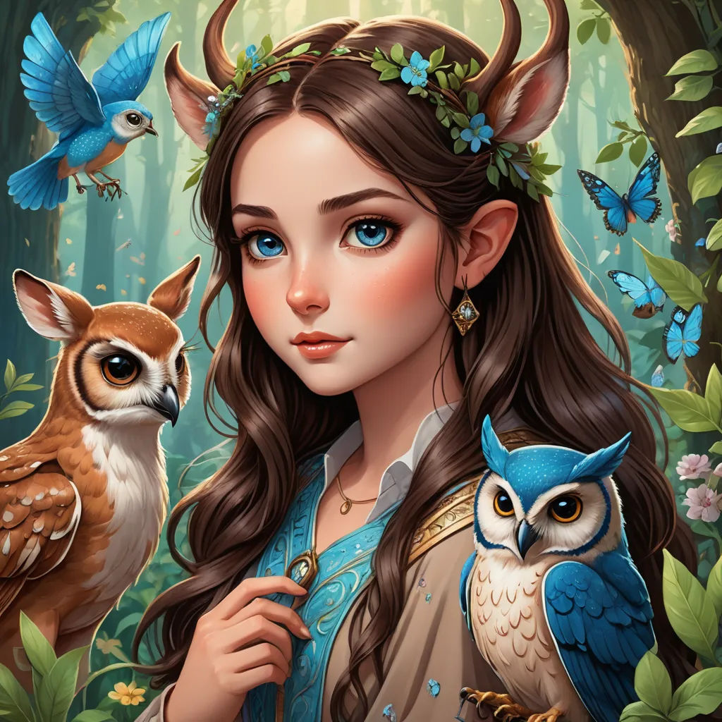 a girl with a horned head and two owls in her hands, in a forest with blue butterflies and flowers, fantasy art, a detailed painting, Anne Stokes, highly detailed digital painting
