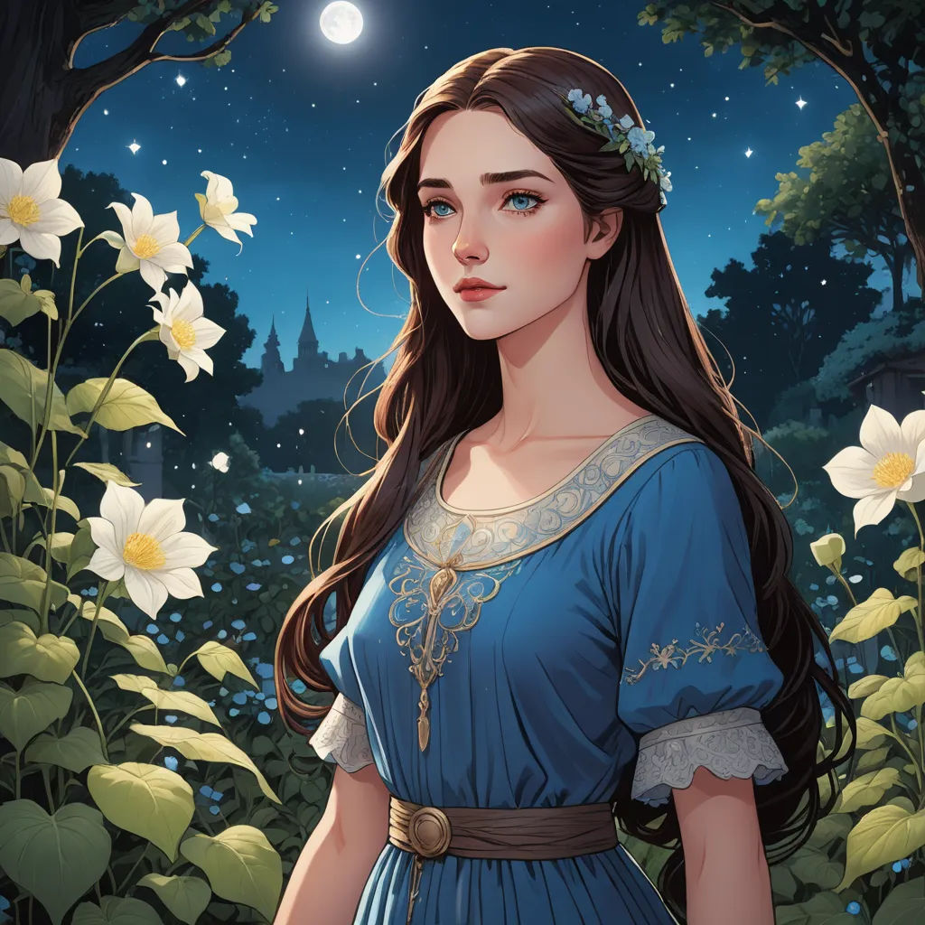 a painting of a woman in a blue dress standing in a forest with flowers and a full moon in the background, fantasy art, a character portrait, Charlie Bowater, kinkade