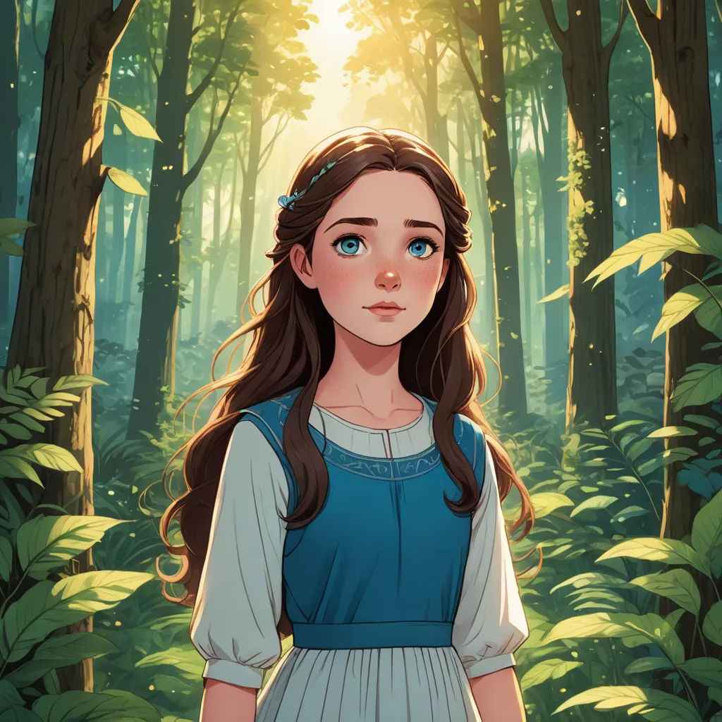 a girl in a blue dress standing in a forest with a sun shining through the trees behind her and a forest scene behind her, fantasy art, a character portrait, Clarice Beckett, rossdraws global illumination
