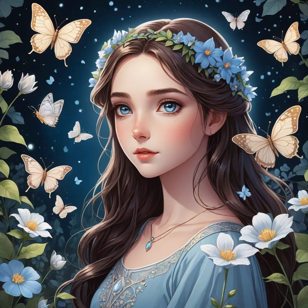 a girl with a wreath of flowers and butterflies around her head, in a blue dress, surrounded by butterflies, fantasy art, a detailed painting, Anne Stokes, highly detailed digital painting