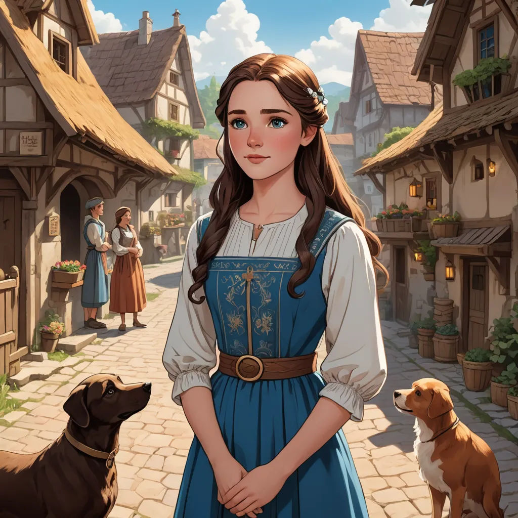 a woman in a blue dress standing next to a dog and a man in a brown suit and hat, fantasy art, a storybook illustration, Anne Said, official art
