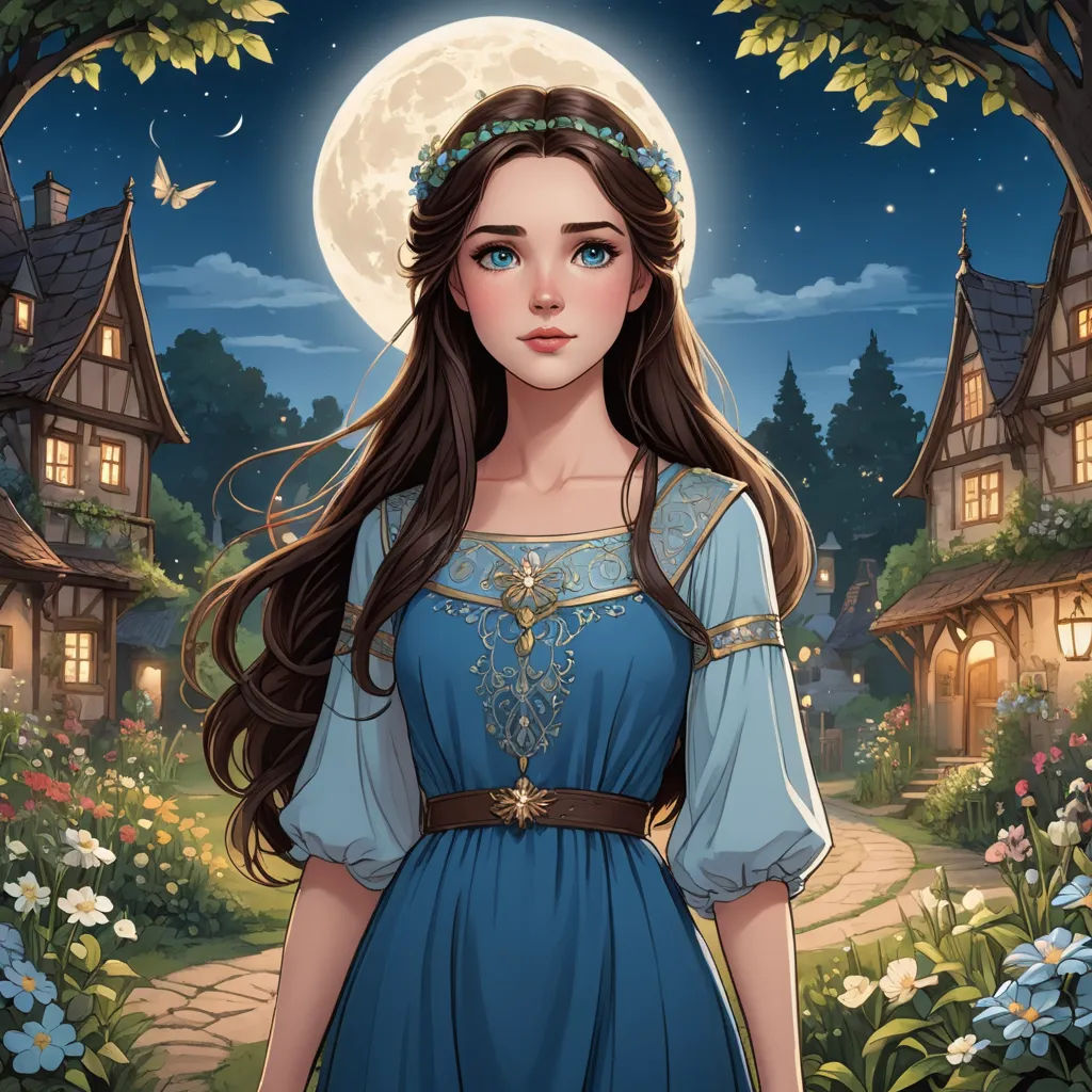 a girl in a blue dress standing in front of a full moon and a house with a full moon, fantasy art, a character portrait, Evaline Ness, kinkade