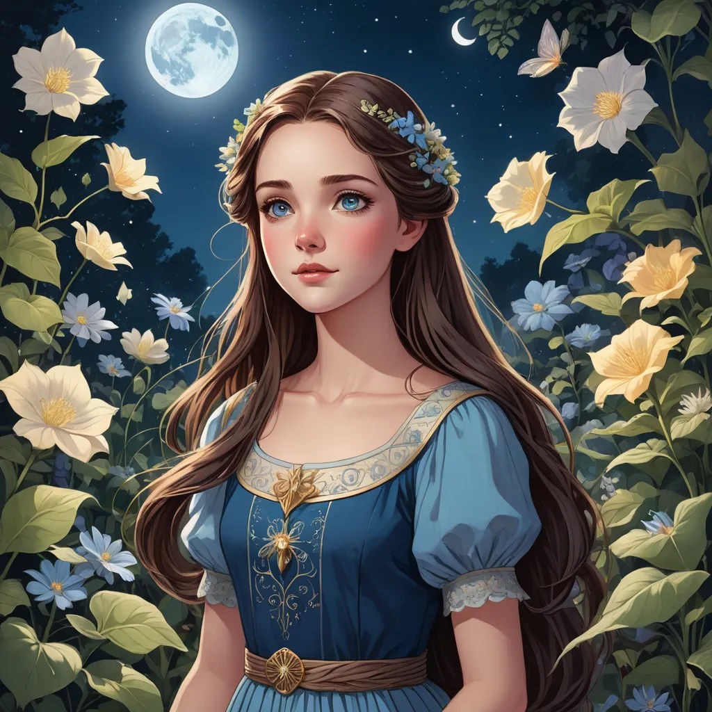 a beautiful young lady in a blue dress standing in a field of flowers with a full moon in the background, fantasy art, a detailed painting, Anne Stokes, trending on art station