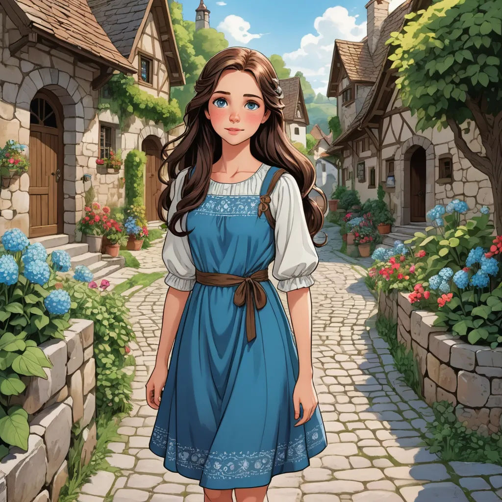 a girl in a blue dress is standing in front of a cobblestone street with a stone house, fantasy art, a character portrait, Clarice Beckett, kinkade