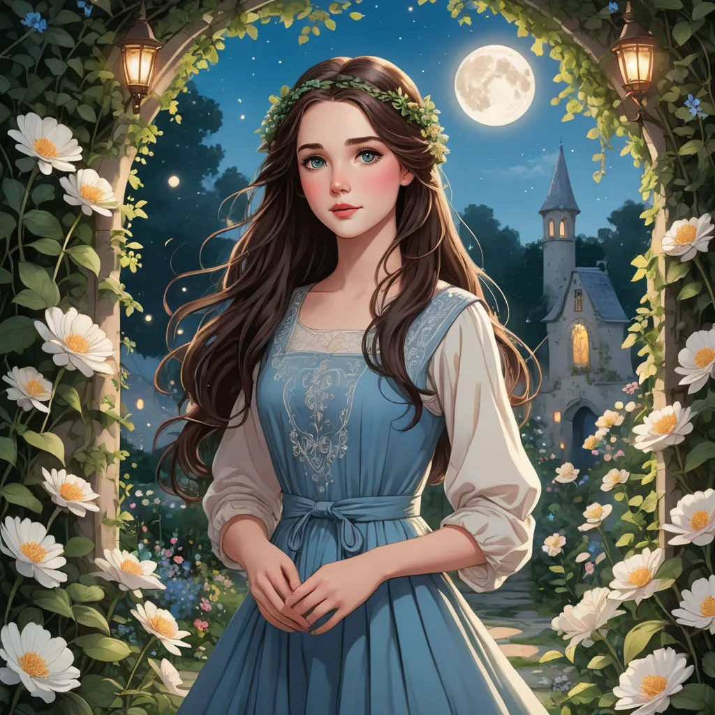 a painting of a girl in a blue dress standing in front of a garden with flowers and a full moon, fantasy art, a character portrait, Arthur Hughes, fantasy character portrait