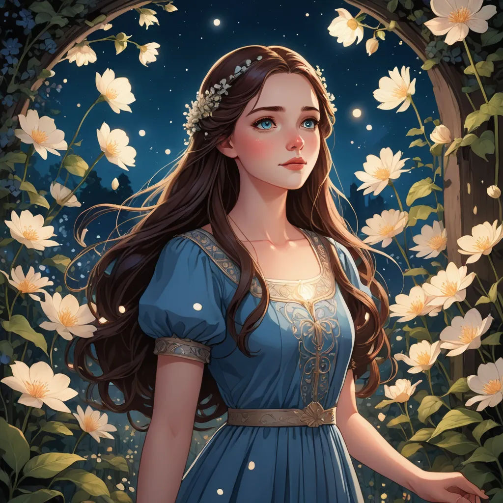 a beautiful young lady in a blue dress standing in front of flowers and a moon in the sky behind her, fantasy art, a storybook illustration, Anna Dittmann, rossdraws global illumination