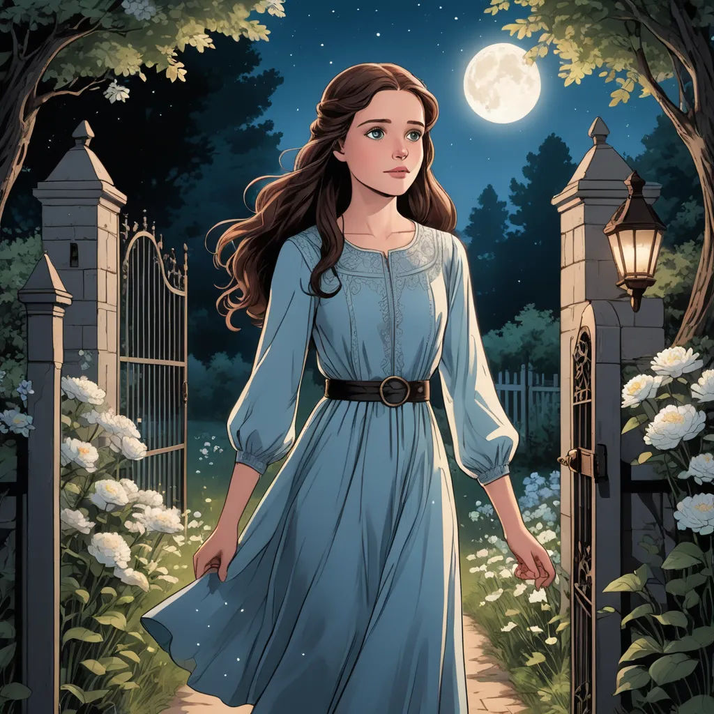 a woman in a blue dress is walking through a garden at night with a full moon in the background, fantasy art, a storybook illustration, Elinor Proby Adams, comic cover art