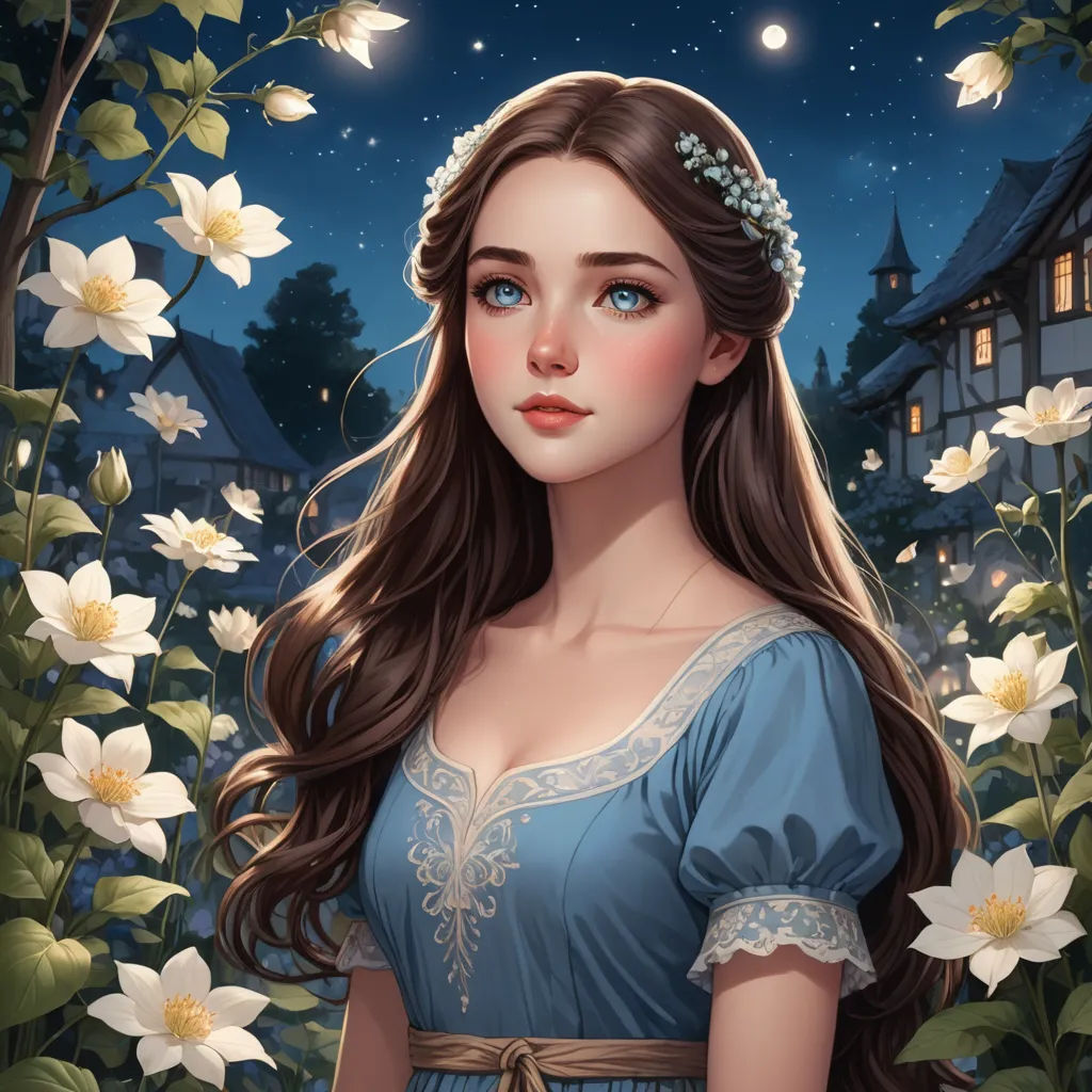 a beautiful young lady in a blue dress standing in a field of flowers at night with a full moon in the background, fantasy art, a detailed painting, Anne Stokes, kinkade
