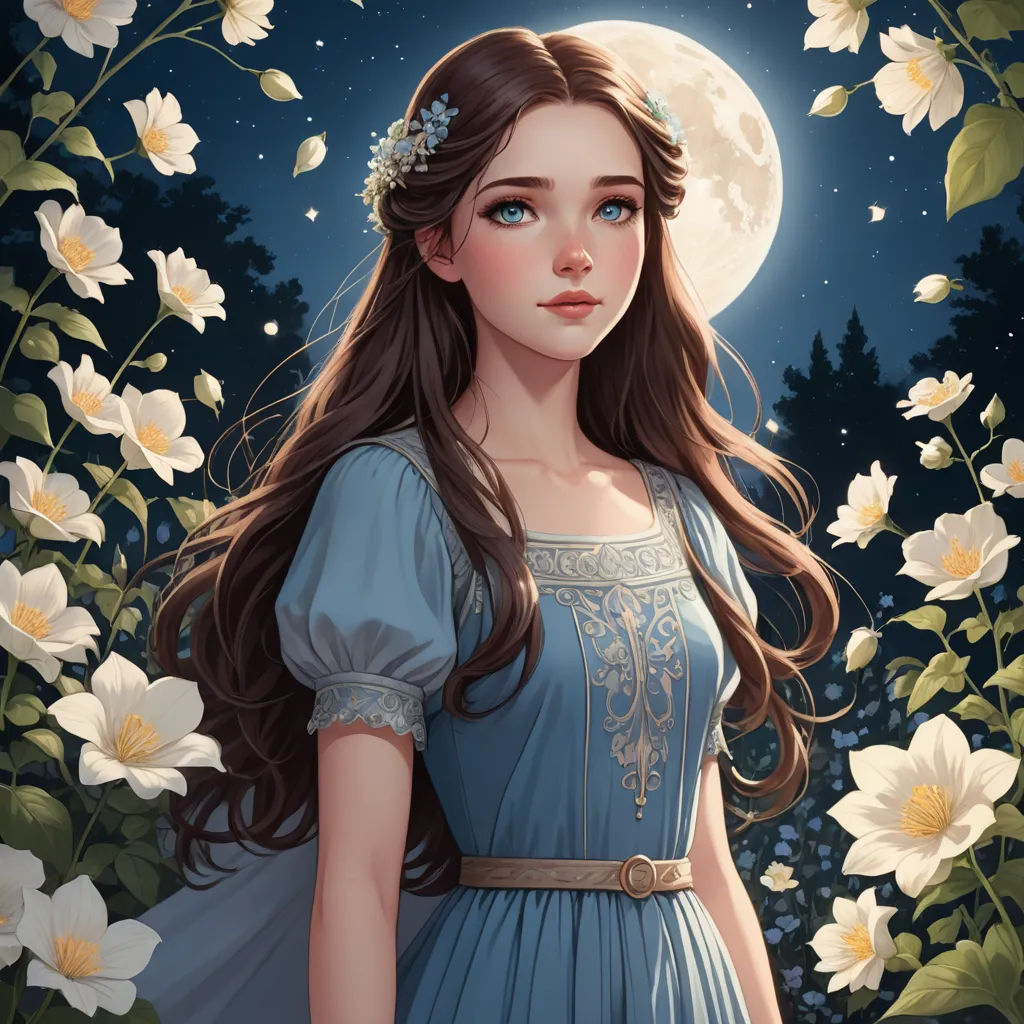 a painting of a girl in a blue dress standing in front of flowers and a full moon in the background, fantasy art, a character portrait, Anne Stokes, trending on art station