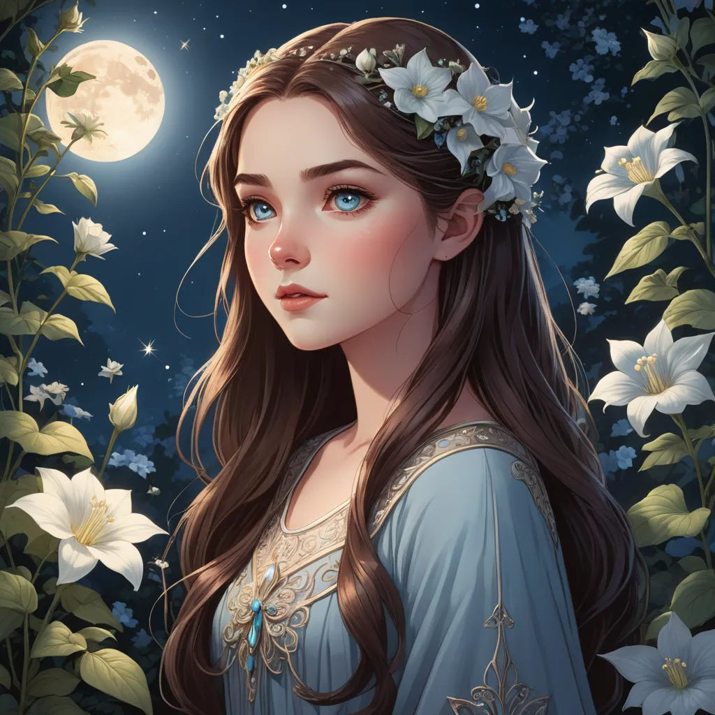a girl with long hair and a flower in her hair is standing in front of a full moon and flowers, fantasy art, a character portrait, Charlie Bowater, trending on art station