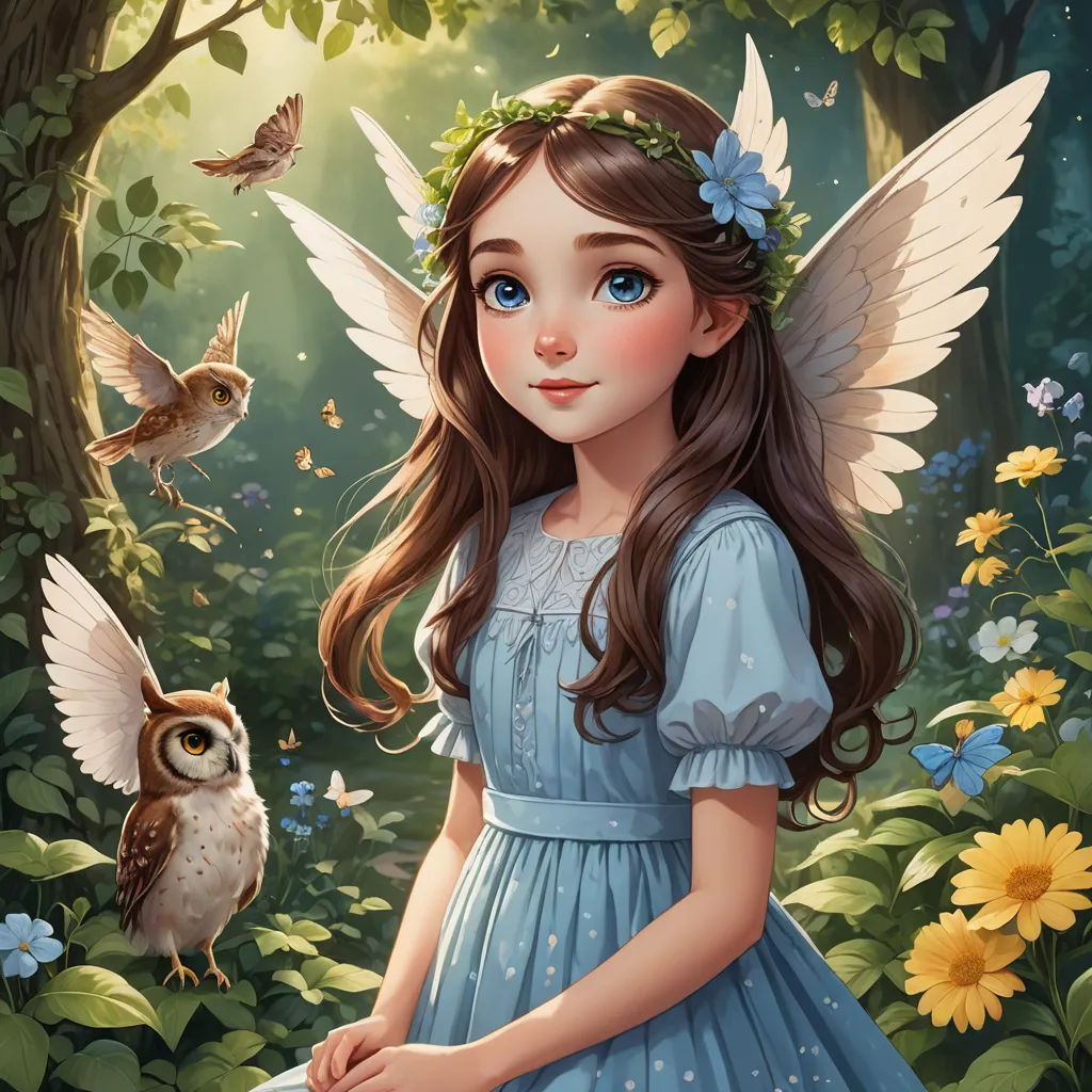 a girl in a blue dress standing in a forest with an owl and a bird on her shoulder and a sunflower in her hair, fantasy art, a storybook illustration, Anne Stokes, kinkade