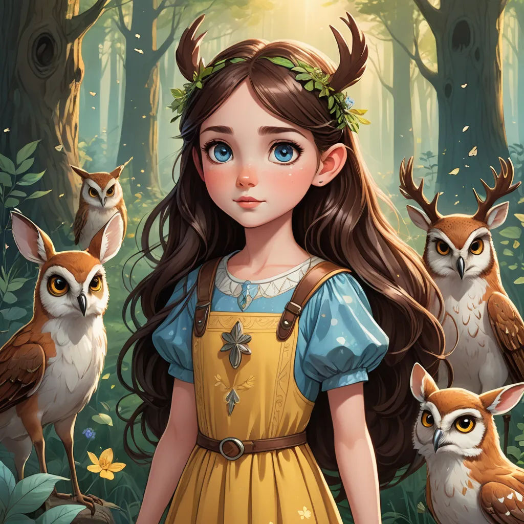 a girl in a yellow dress surrounded by owls and owls in a forest with a sunbeam in her hair, fantasy art, a storybook illustration, Clarice Beckett, deviantart artstation