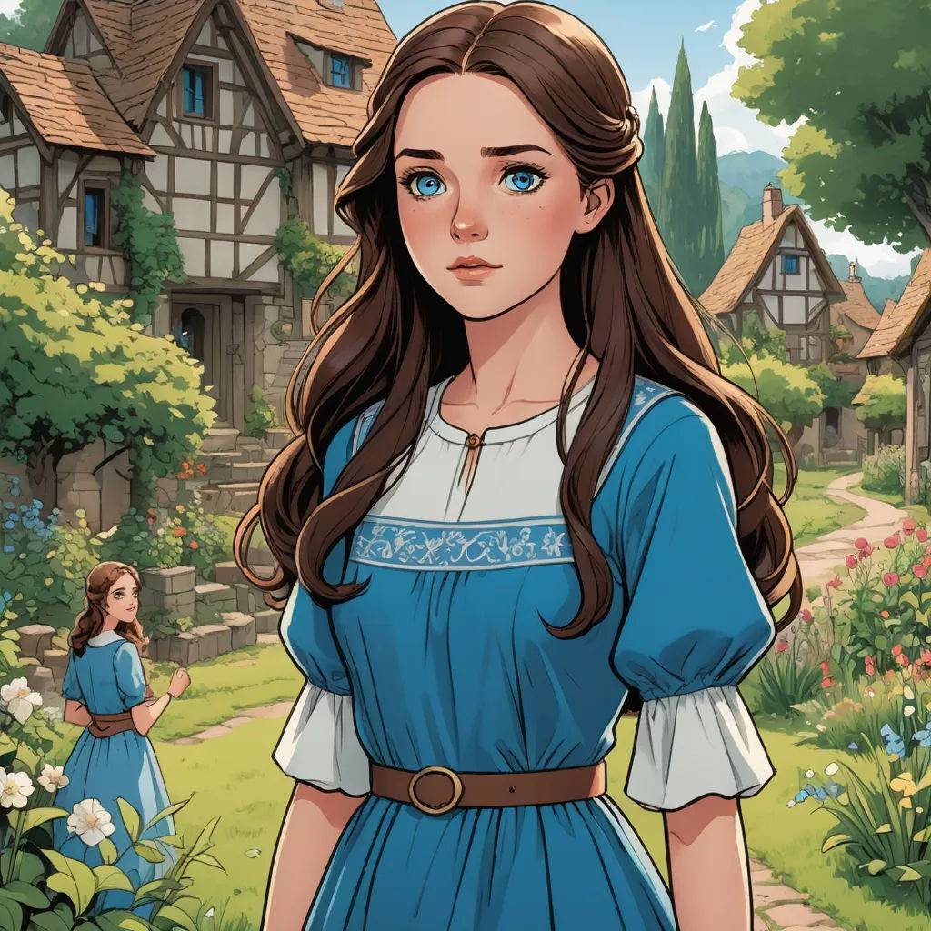a girl in a blue dress standing in front of a house with a garden and a girl in a blue dress, fantasy art, a character portrait, Clarice Beckett, kinkade