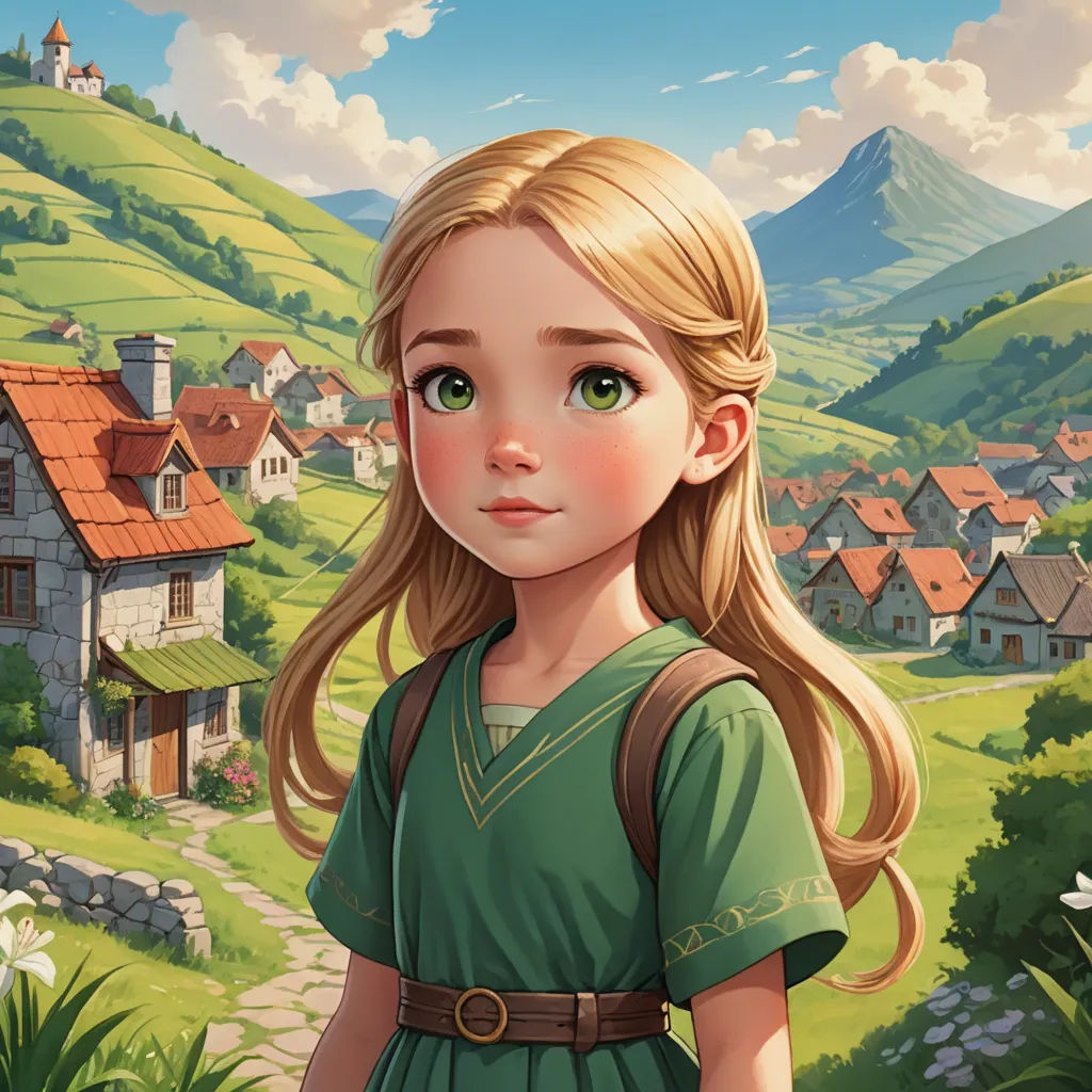 a girl in a green dress standing in front of a village with a red roof and a green field, fantasy art, a storybook illustration, Cliff Childs, official art