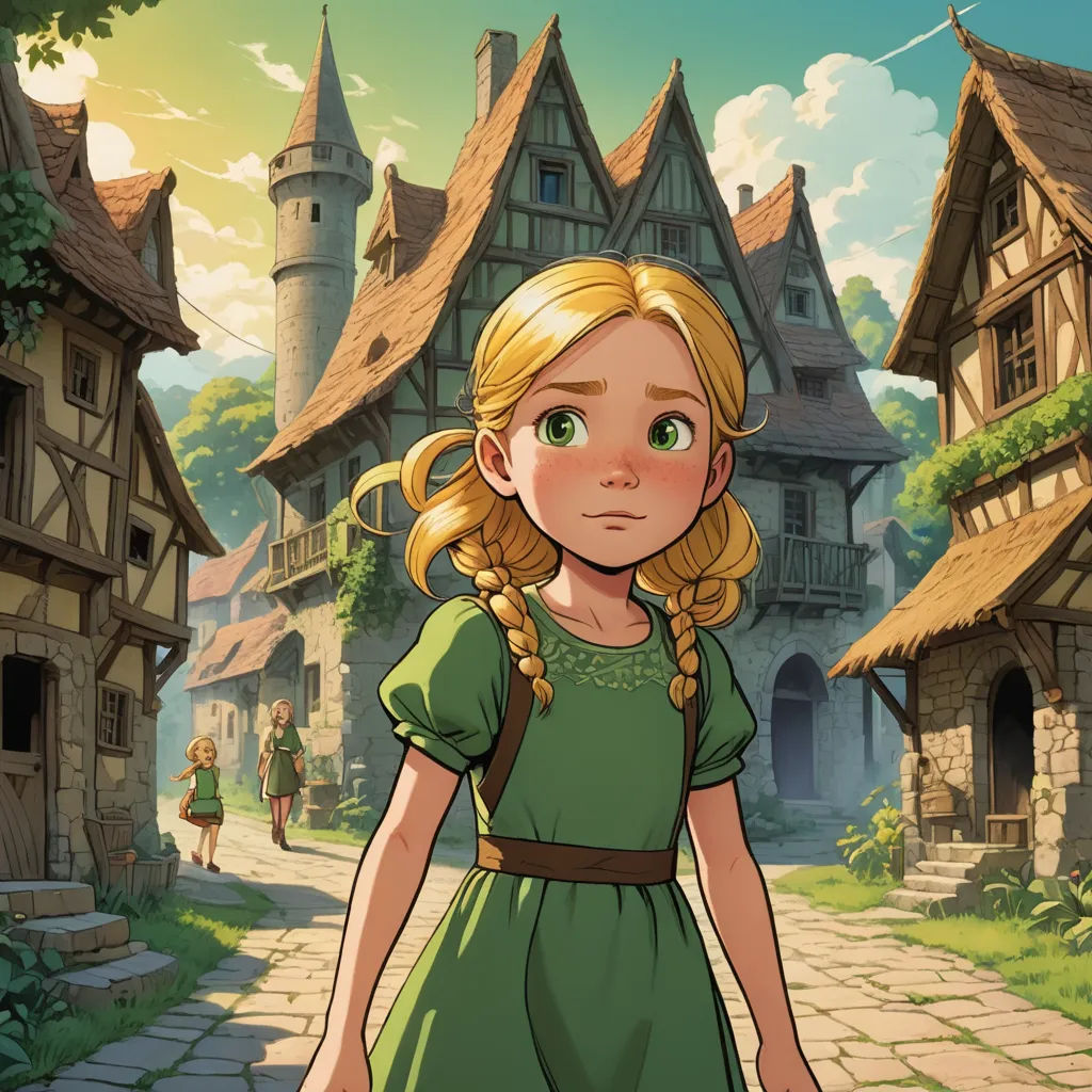 a cartoon girl in a green dress standing in front of a village with a castle in the background and a man walking by, fantasy art, a storybook illustration, Claire Falkenstein, rossdraws global illumination