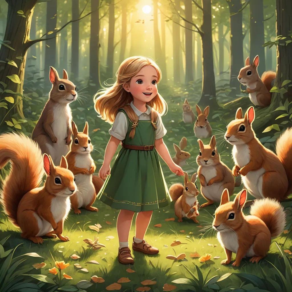 a little girl standing in the middle of a forest with many squirrels around her and a forest scene behind her, furry art, a storybook illustration, Chris LaBrooy, official art