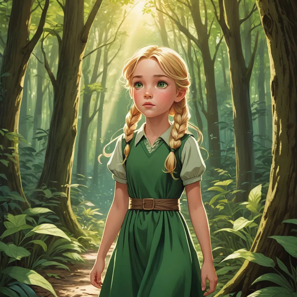 a painting of a girl in a forest with a green dress and braids, looking at the camera, fantasy art, a storybook illustration, Clarice Beckett, rossdraws global illumination