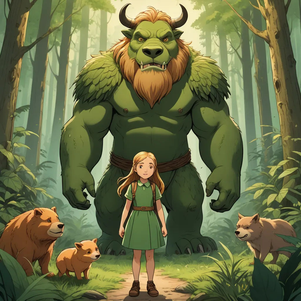 a girl standing in front of a giant green monster in a forest with other animals around her and a bear behind her, furry art, a poster, Diego Gisbert Llorens, official art