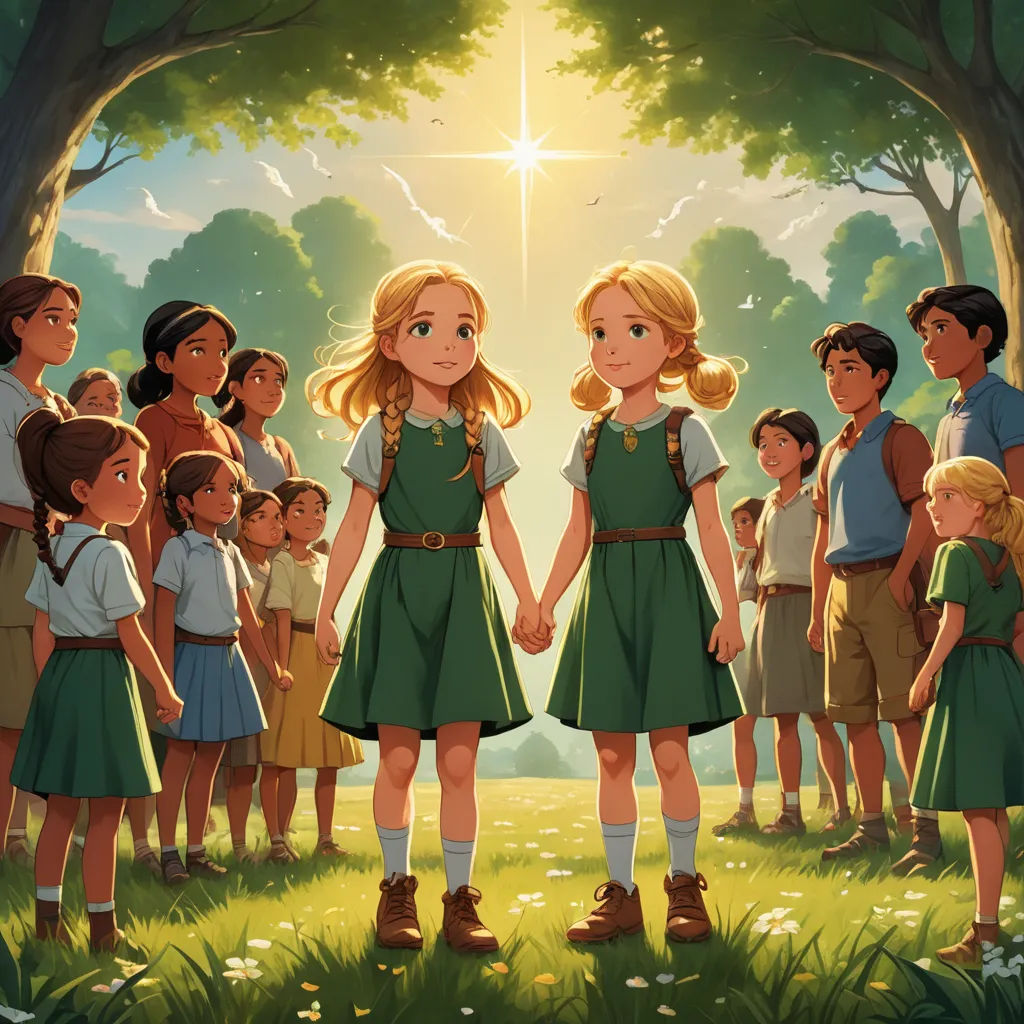 a painting of two girls holding hands in front of a group of children in a forest with a cross, danube school, a storybook illustration, Anne Said, official art