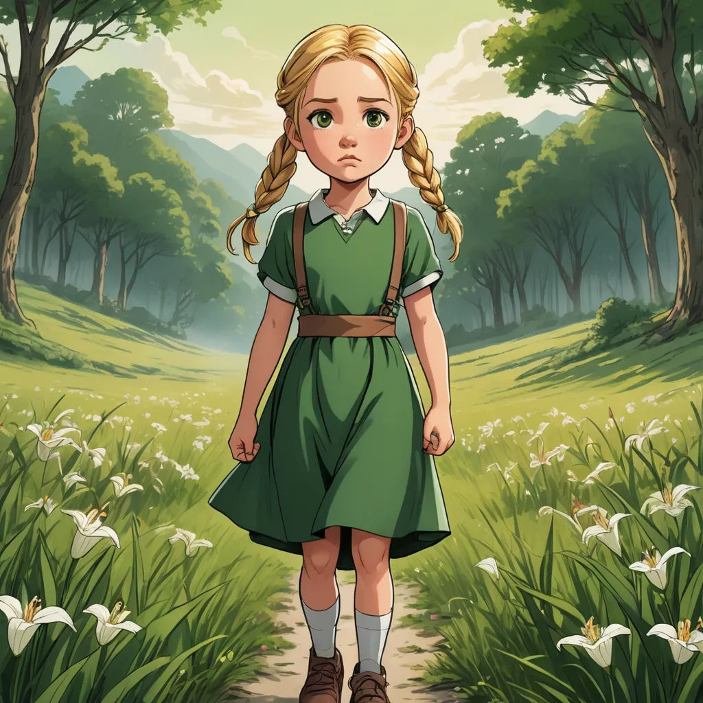 a girl in a green dress is walking through a field of flowers and trees with a forest in the background, sots art, a character portrait, Alice Prin, official art