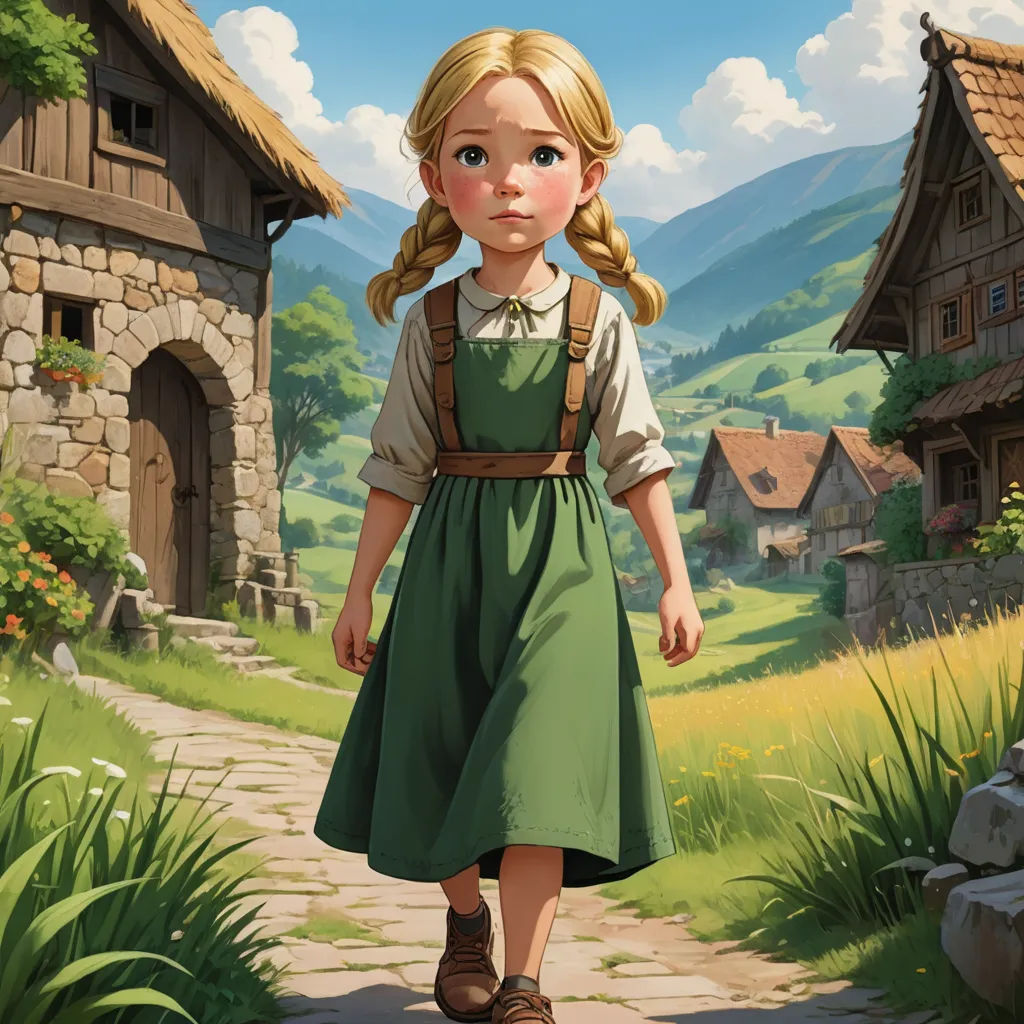a painting of a little girl walking down a path in a village with a stone house and a stone path, fantasy art, a storybook illustration, Bob Byerley, official art