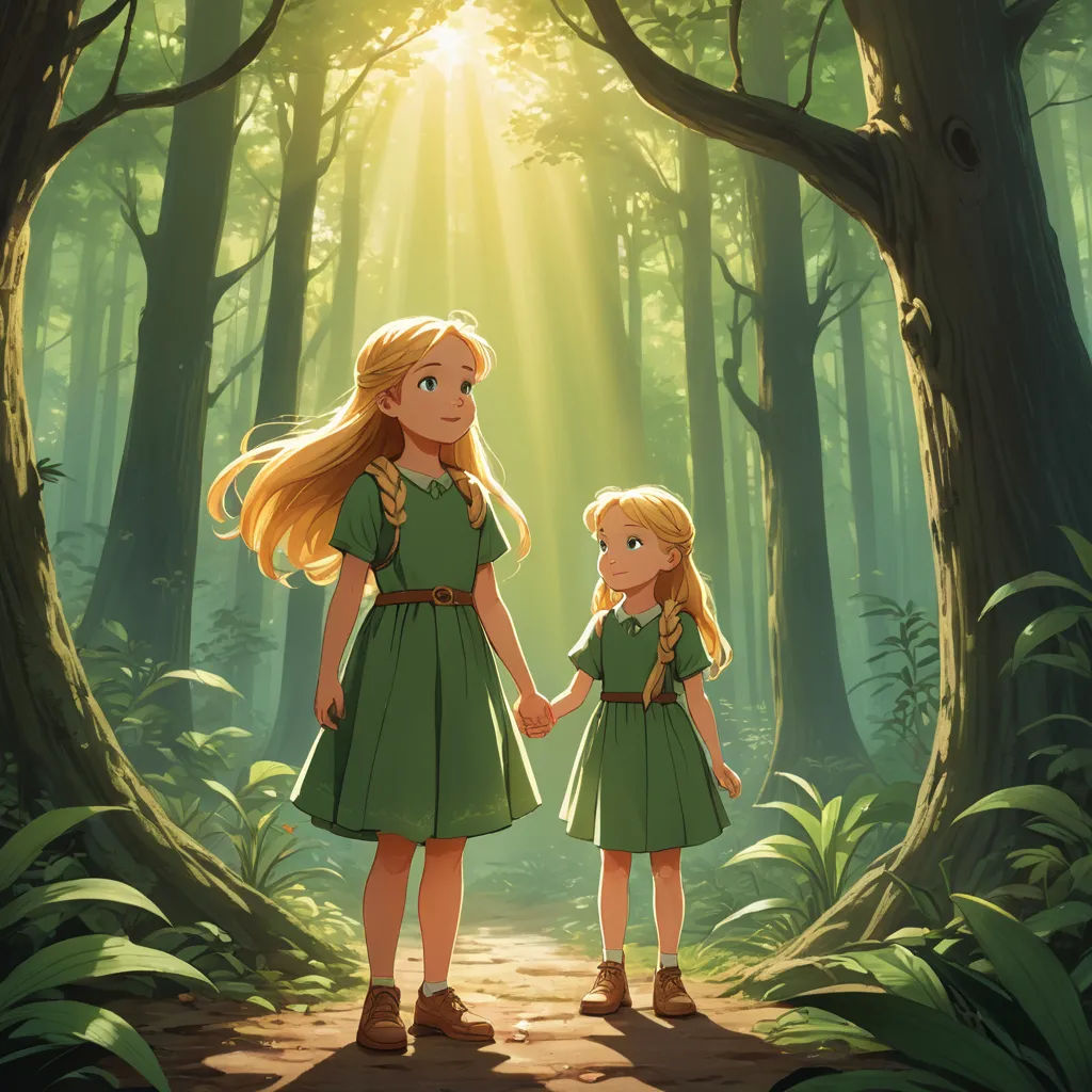 a mother and daughter holding hands in a forest with sunlight streaming through the trees and leaves on the ground, sots art, a storybook illustration, Anne Said, official art