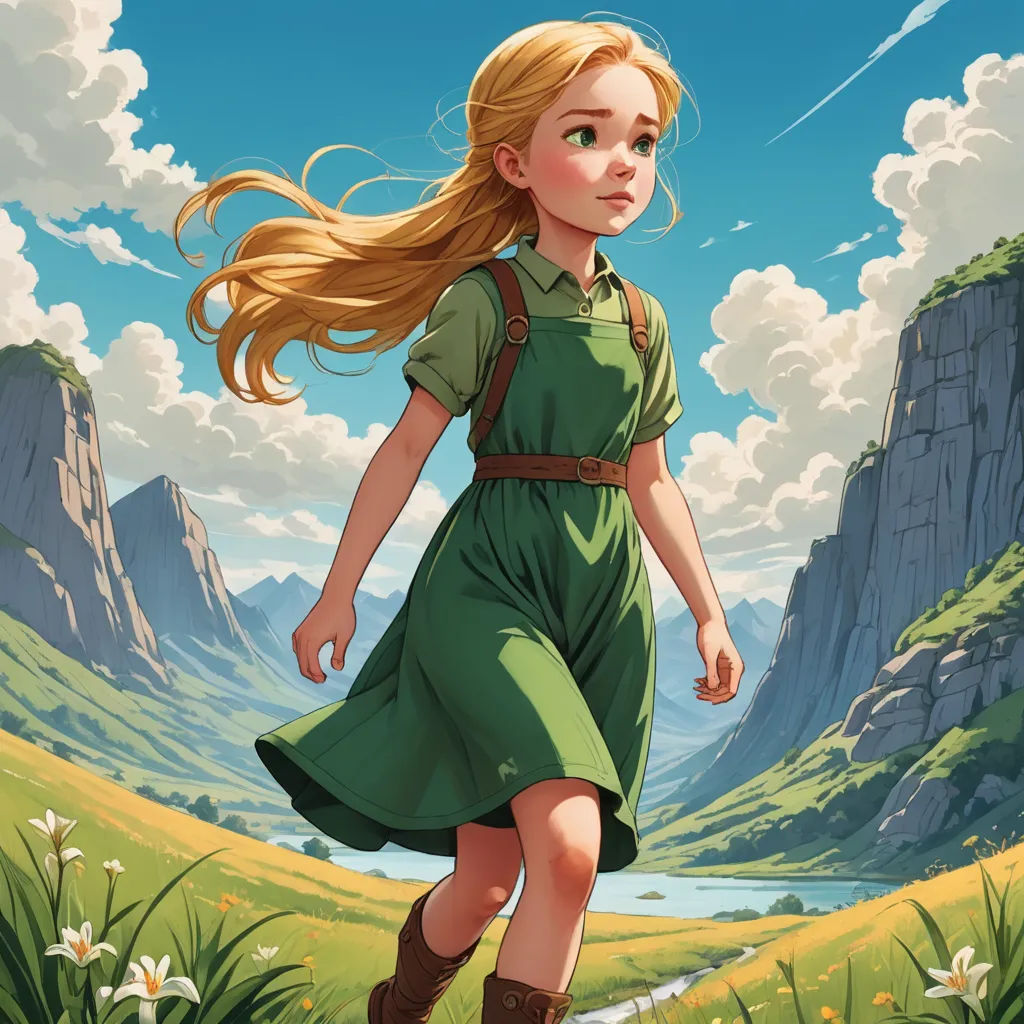a girl in a green dress is walking in a field with mountains and clouds in the background and a river running through the grass, fantasy art, a storybook illustration, Cliff Childs, rossdraws global illumination