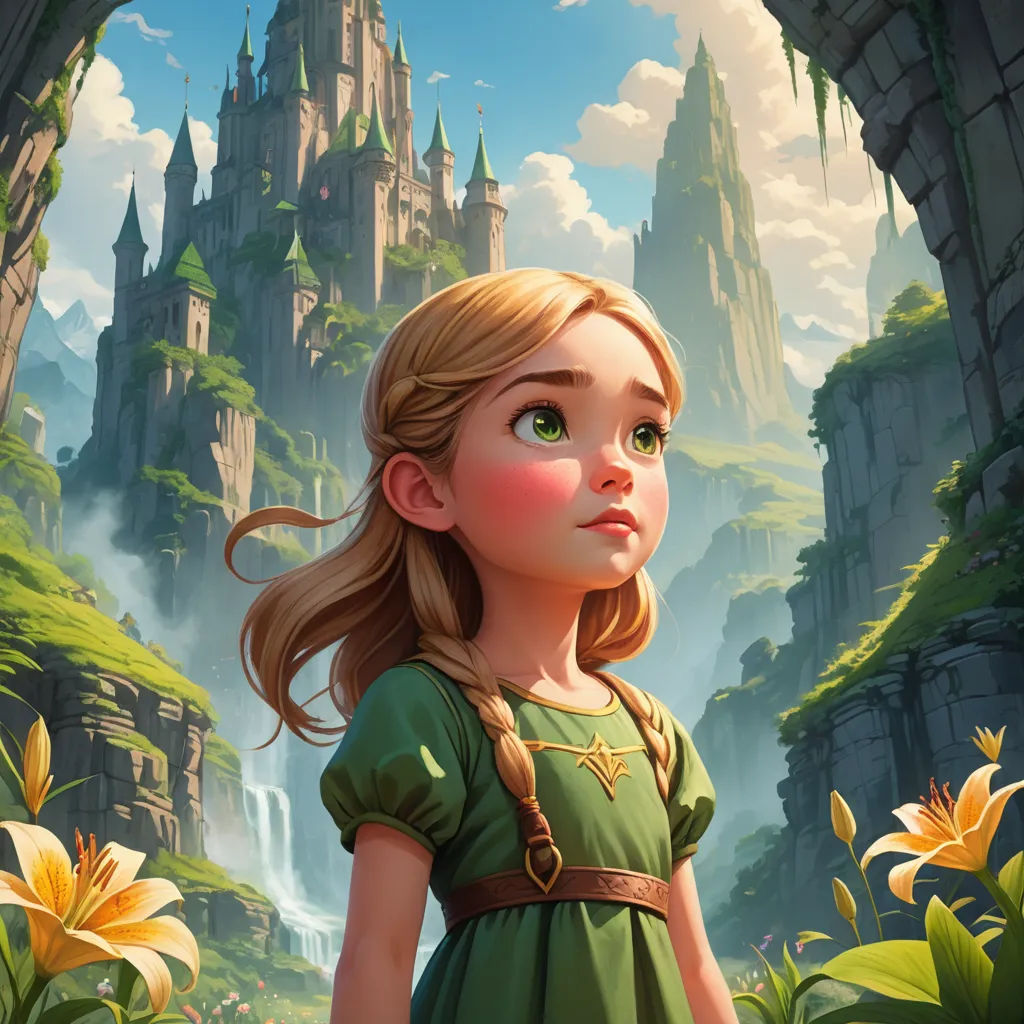 a girl in a green dress standing in front of a castle with a waterfall and flowers in the foreground, fantasy art, a storybook illustration, Cliff Childs, rossdraws global illumination