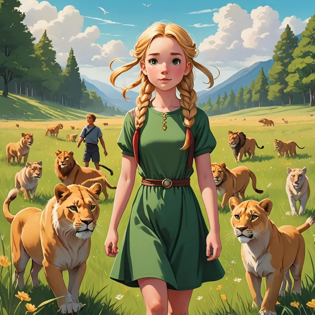 a painting of a girl in a green dress surrounded by lions in a field of grass and trees, with a sky background, fantasy art, a storybook illustration, Brothers Hildebrandt, official art