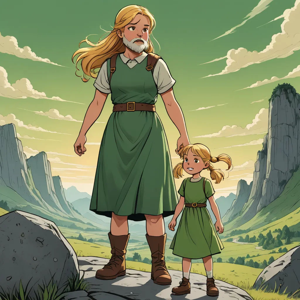 a woman and a girl standing on a rock in front of a mountain range with a sky background and clouds, context art, a storybook illustration, Ada Gladys Killins, official art
