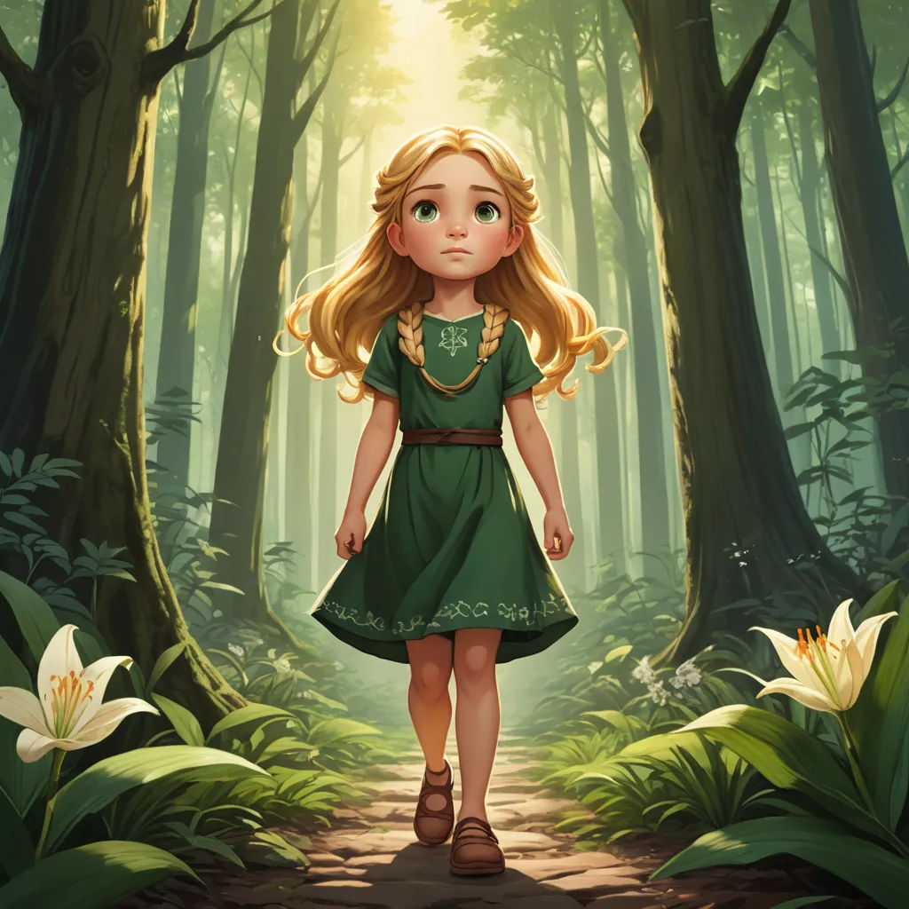 a little girl in a green dress walking through a forest with flowers and trees on either side of her, fantasy art, a storybook illustration, Alice Prin, rossdraws global illumination