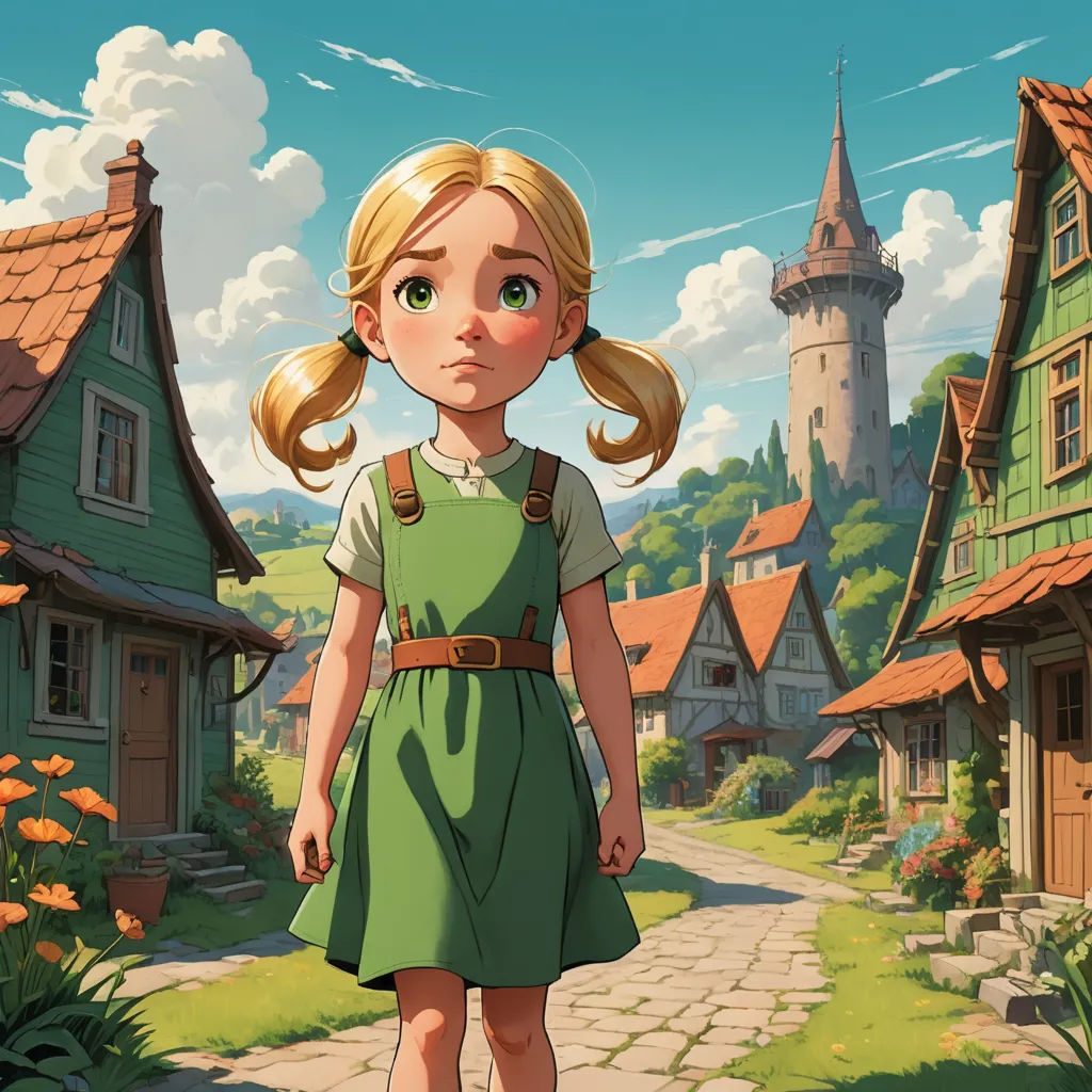 a girl in a green dress standing in front of a village with a castle in the background and a green building, fantasy art, a storybook illustration, Clint Cearley, rossdraws global illumination