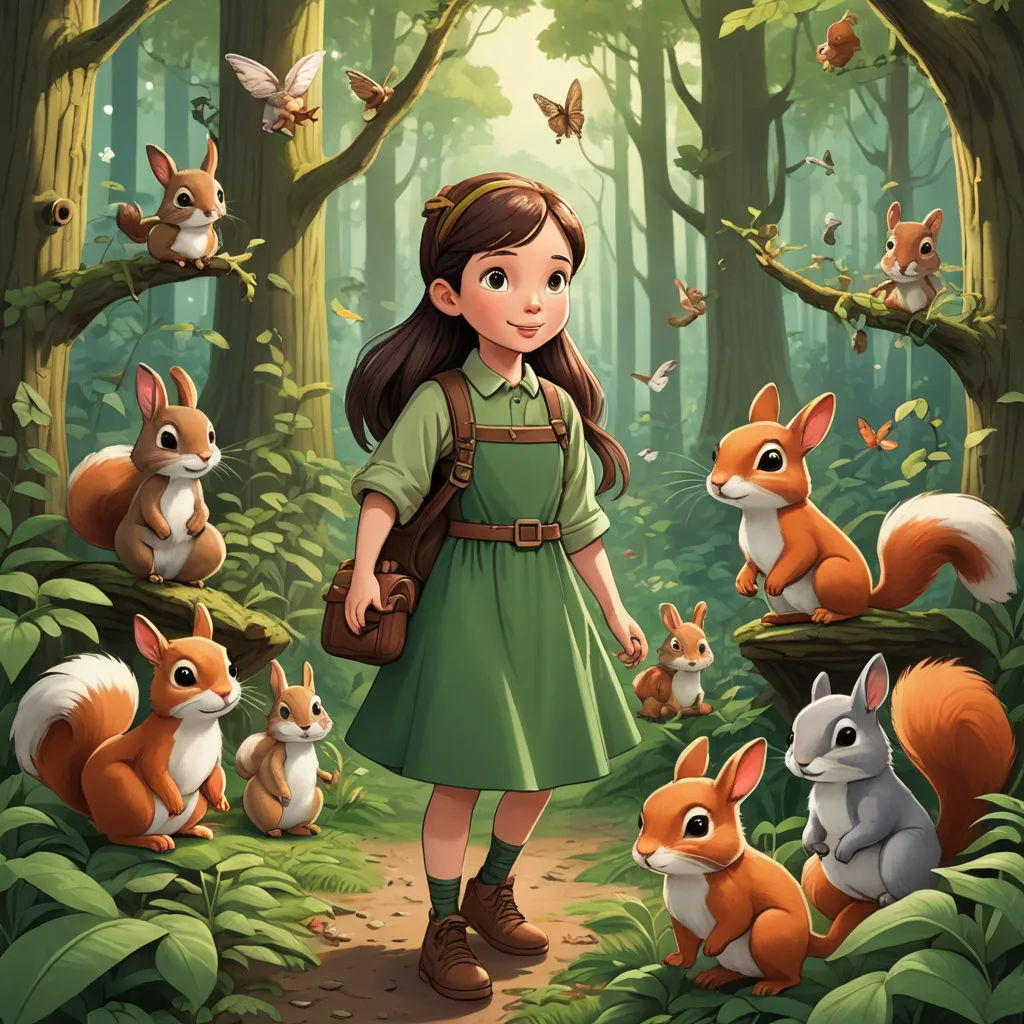 a girl in a forest with many animals around her and a forest scene with a squirrel and a squirrel, fantasy art, a storybook illustration, Clarice Beckett, official art