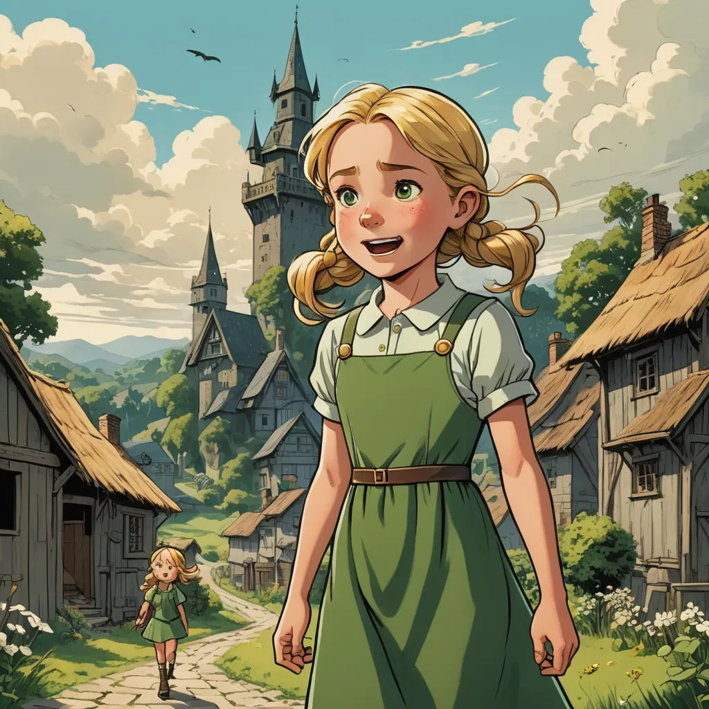 a girl in a green dress walking down a street next to a castle and a little girl in a green dress, fantasy art, a storybook illustration, Cliff Childs, comic cover art