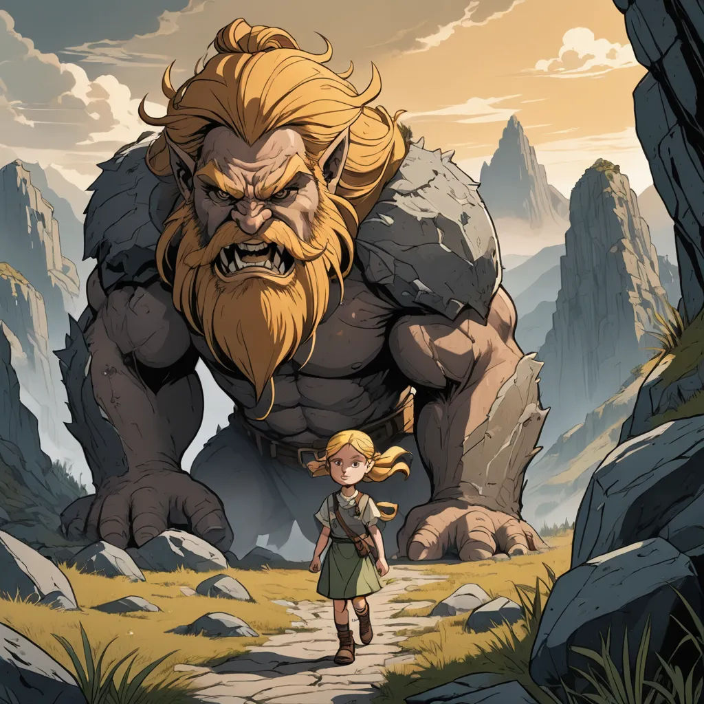 a cartoon of a girl and a big monster in a rocky area with a sky background and a person standing in front of it, fantasy art, a storybook illustration, Diego Gisbert Llorens, 2 d game art