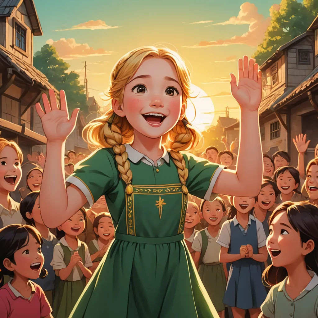 a cartoon girl in a green dress standing in front of a crowd of children with her hands up in the air, socialist realism, a storybook illustration, Anne Said, official art