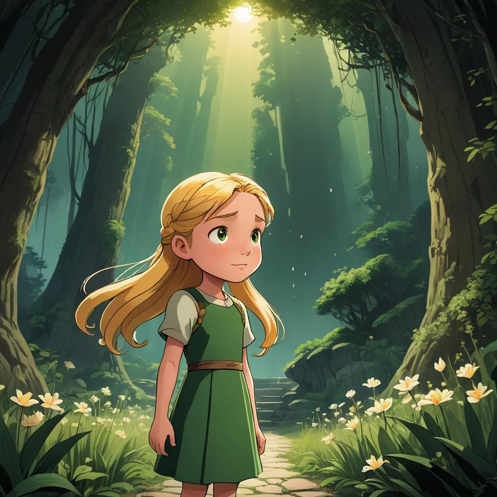 a girl in a green dress standing in a forest with a path leading to a light shining through the trees, fantasy art, a storybook illustration, Alice Prin, rossdraws global illumination