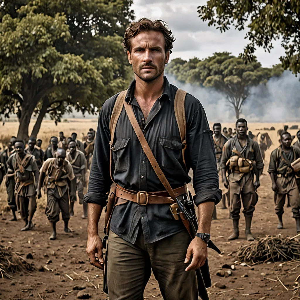 a man in a black shirt and brown suspenders stands in front of a large group of men in uniforms, primitivism, a poster, Andrew Bell, promotional image