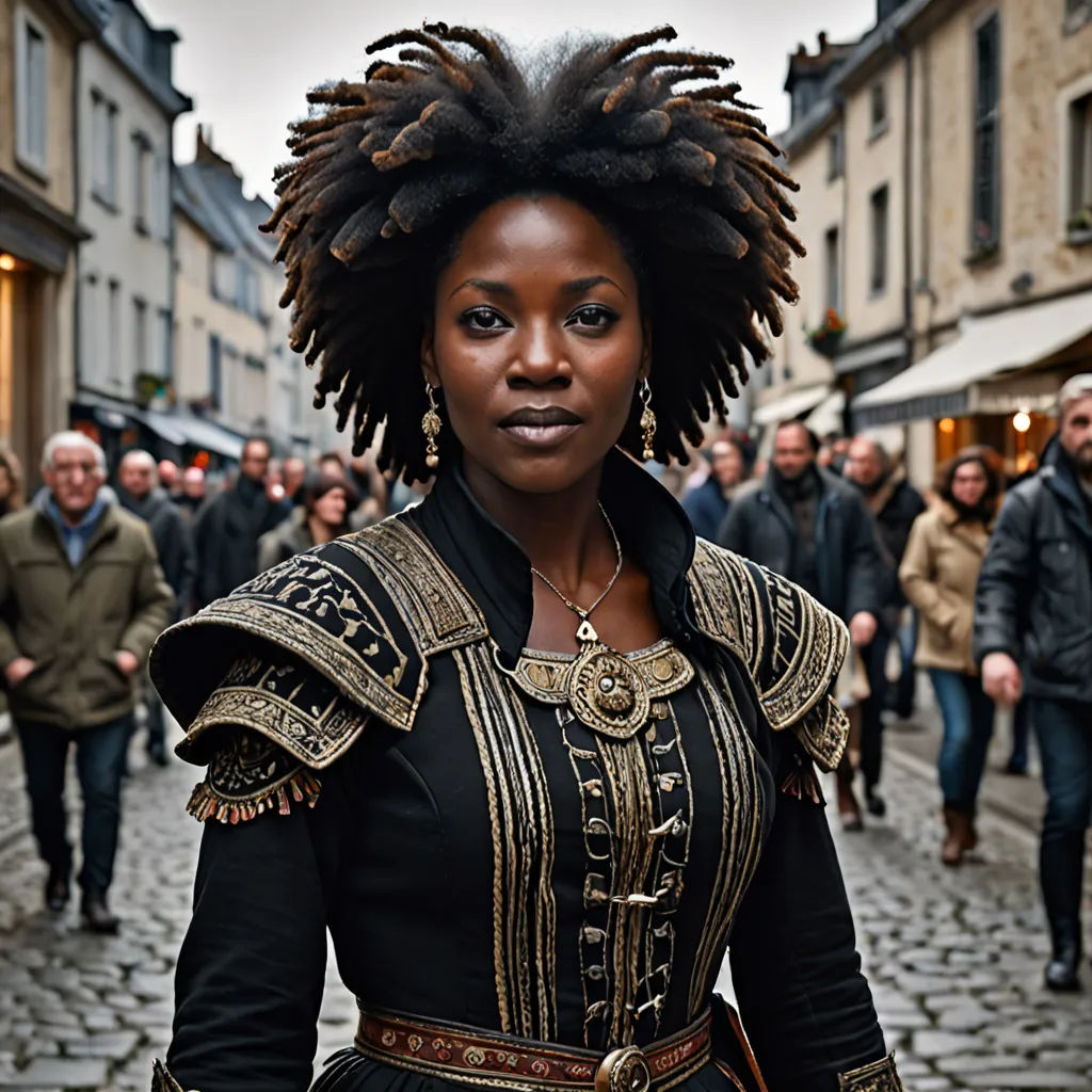a woman with dreadlocks standing in a street in a city with people walking around her and a crowd of people walking around her, afrofuturism, a character portrait, Chinwe Chukwuogo-Roy, promotional image