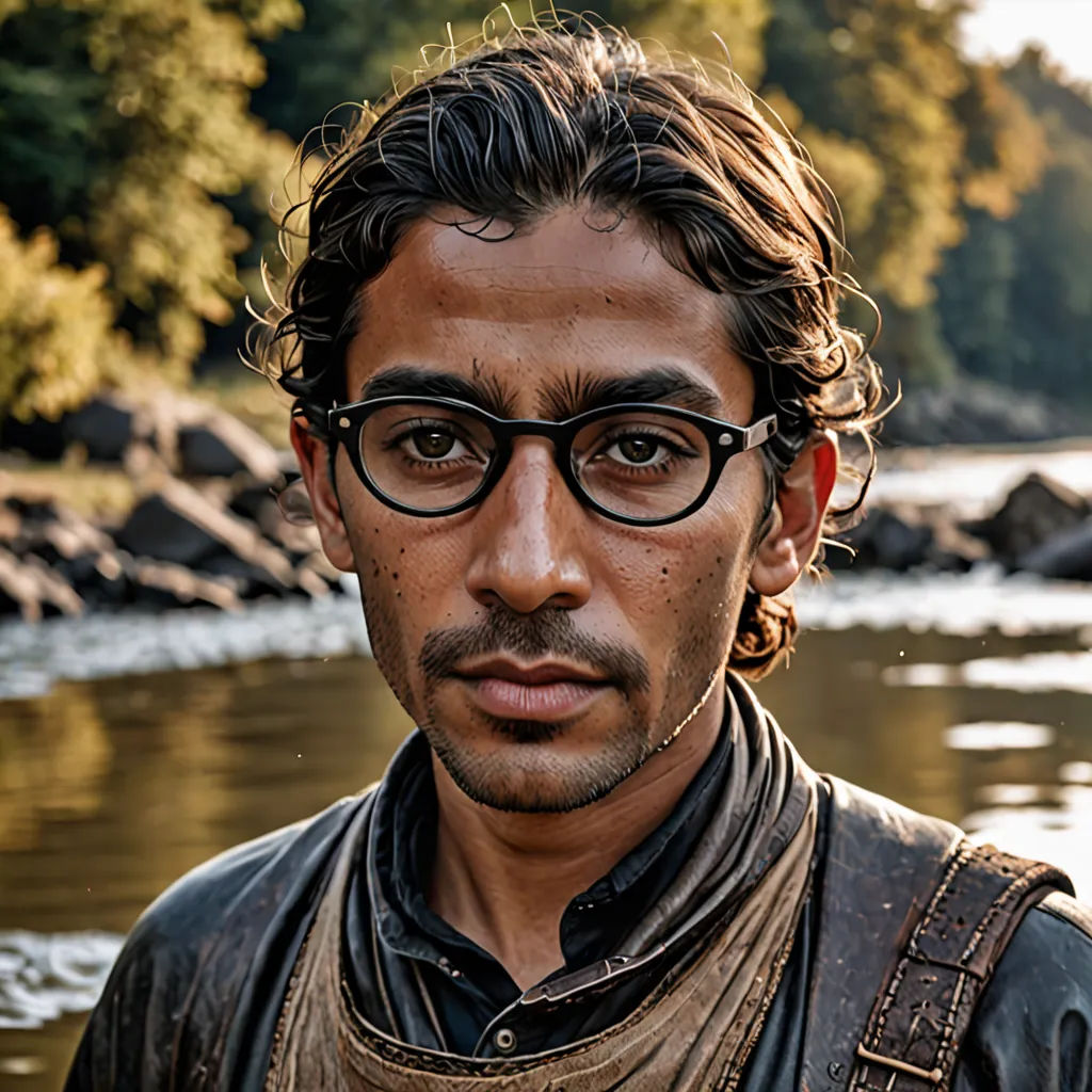 a man with glasses standing in front of a river with rocks and trees in the background and a riverbank, serial art, a character portrait, Ahmed Karahisari, rpg portrait