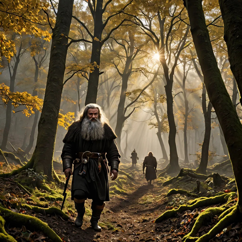 a man with a long beard and a long beard walking through a forest with other men in the background, antipodeans, a detailed matte painting, Dirk Crabeth, promotional image