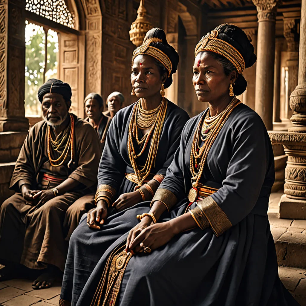 a group of people sitting next to each other on a stone floor in a building with columns and pillars, samikshavad, a detailed matte painting, Ella Guru, cinematic photography