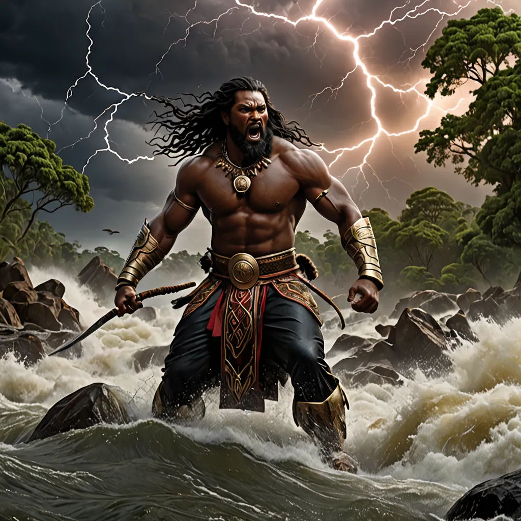a man with a sword standing in a river with a lightning in the background and a storm in the sky, fantasy art, a detailed matte painting, Chris Rallis, magic the gathering artwork