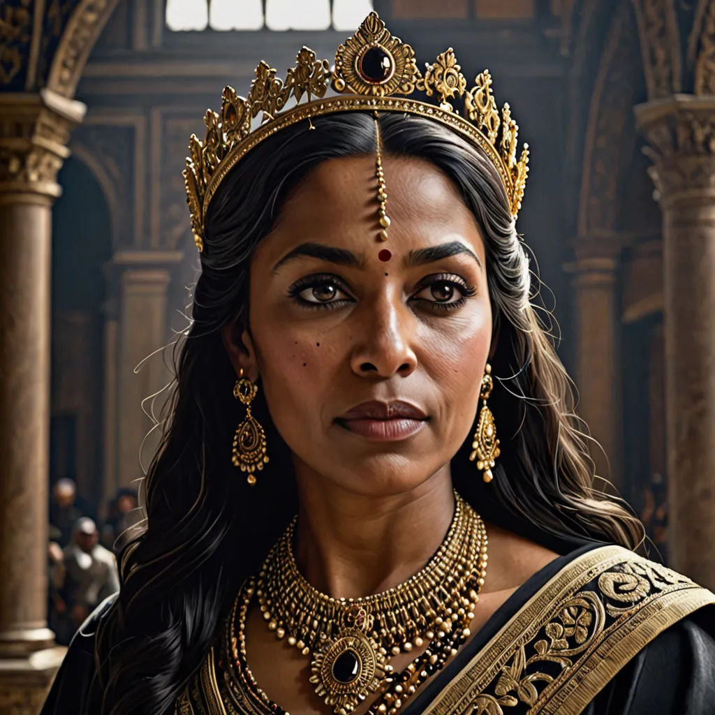 a woman in a gold crown and necklace with a black dress and a gold necklace and earrings on her head, photorealism, a hyperrealistic painting, Araceli Gilbert, promotional image