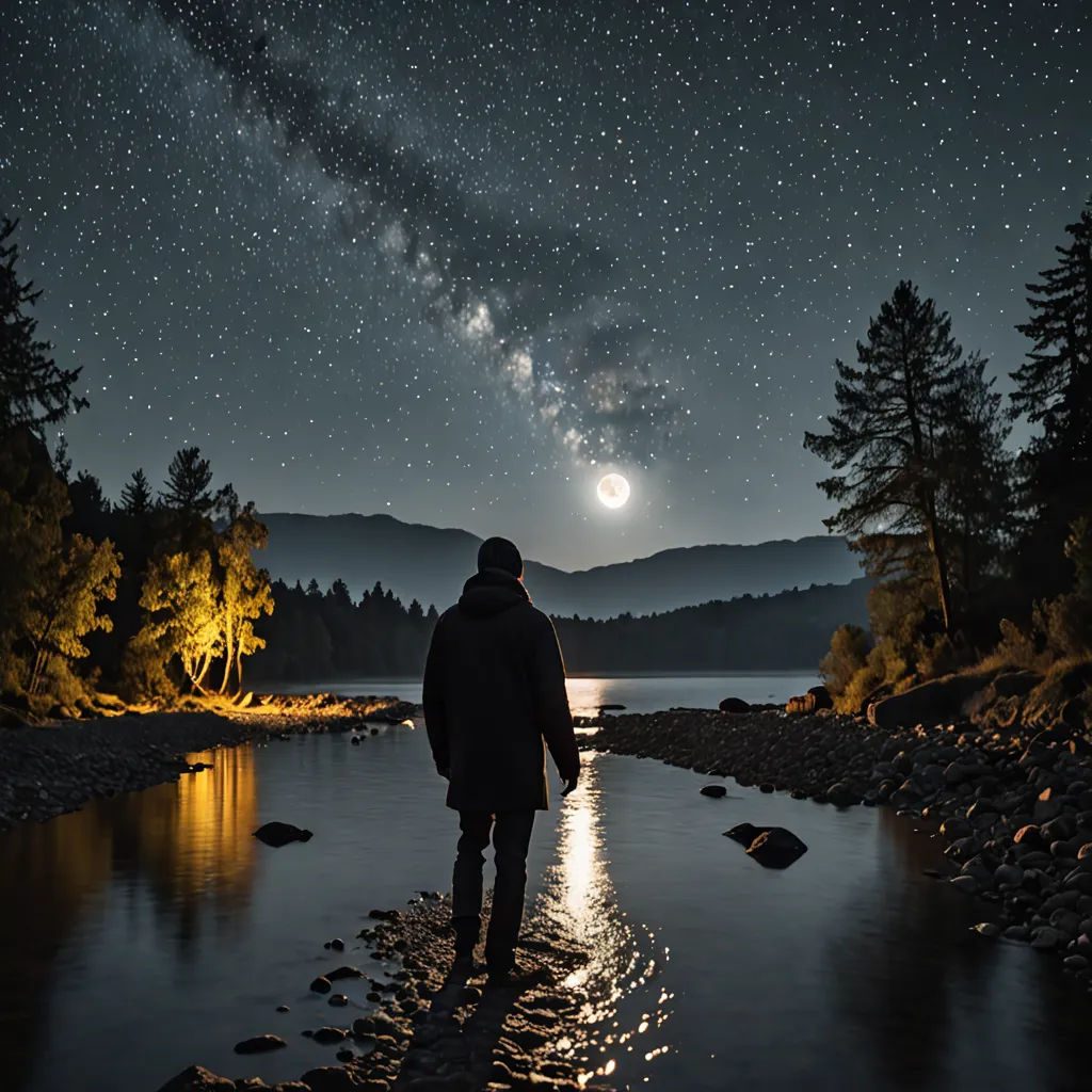 a man standing on a river bank at night with the moon in the sky above him and a star filled sky above, art photography, an ultrafine detailed painting, Bernd Fasching, astrophotography
