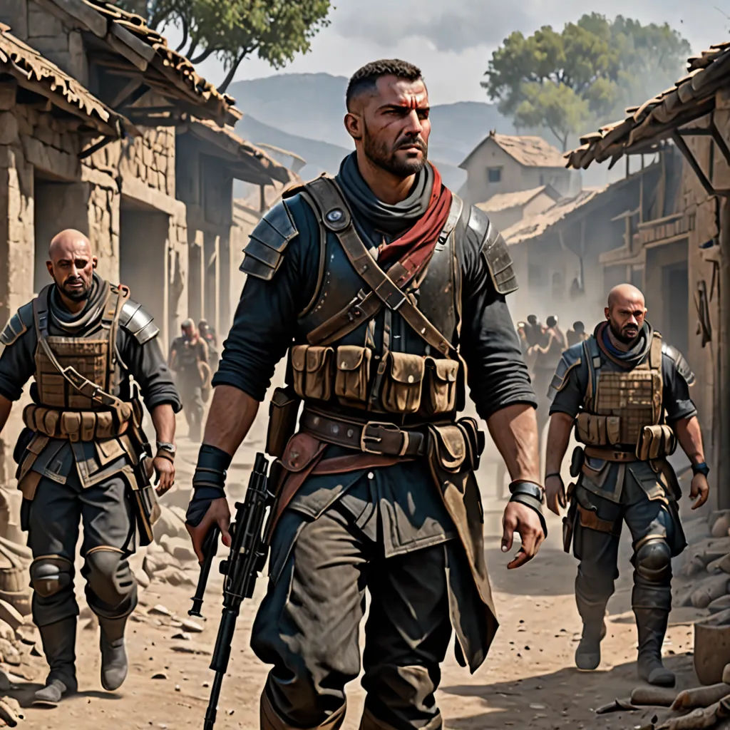 a group of men walking down a street next to a building with a gun in hand and another man with a gun in his hand, antipodeans, concept art, Enrico Baj, key art