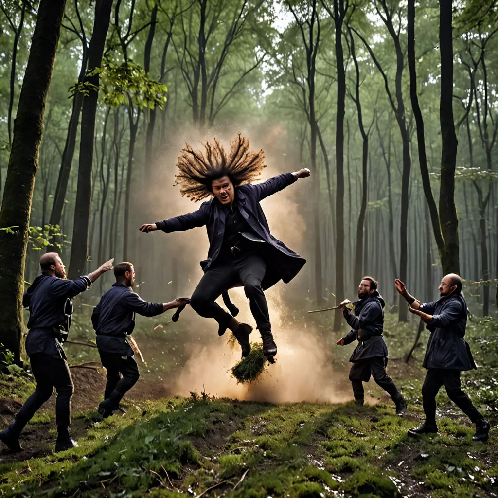 a group of people jumping in the air in the woods with a woman in the middle of the picture, art photography, a flemish Baroque, Arie Smit, promotional image