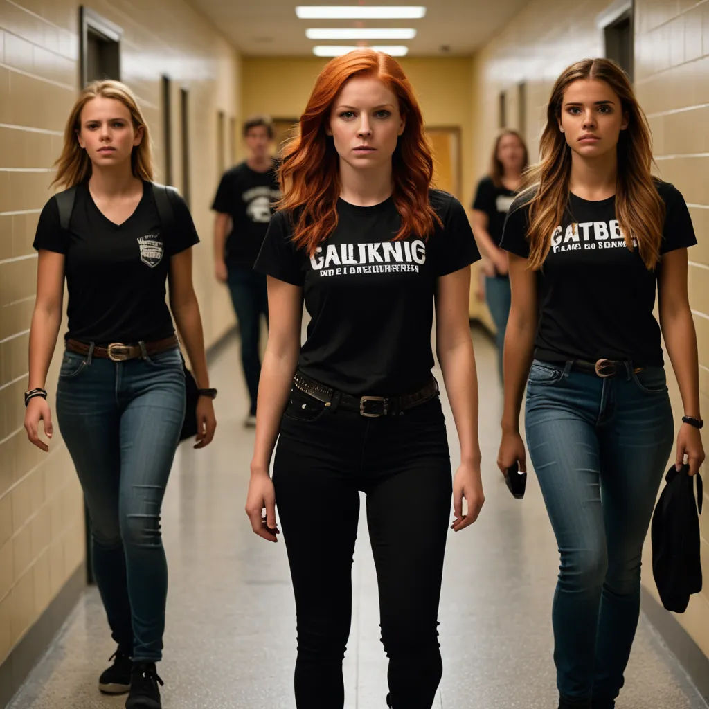 three girls walking down a hallway in a hallway way with a wall behind them and a woman with a purse on her shoulder, northwest school, a poster, Claire Falkenstein, promotional image