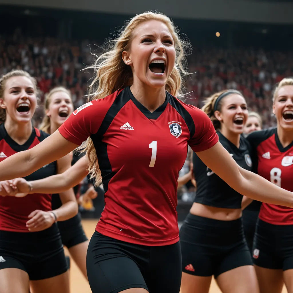 a group of women in red and black uniforms singing and dancing together in a stadium with a crowd watching, kitsch movement, a microscopic photo, Florianne Becker, athletic